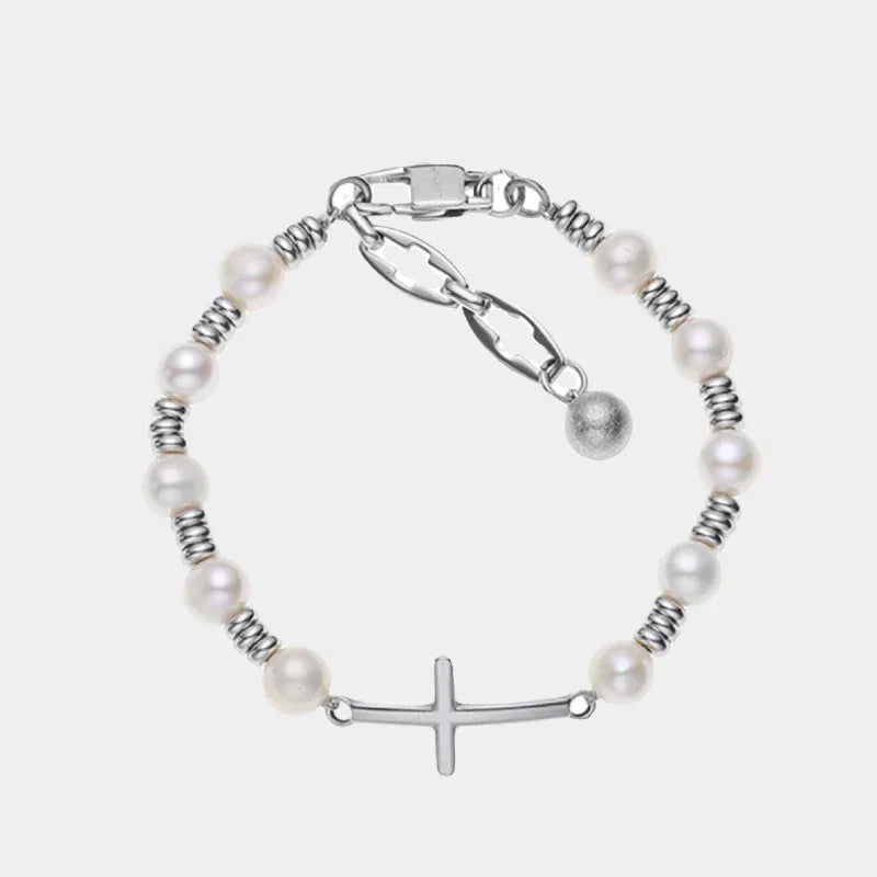 Adjustable Pearl and Titanium Steel Cross Bracelet — front view of pearl bracelet with a slim horizontal cross