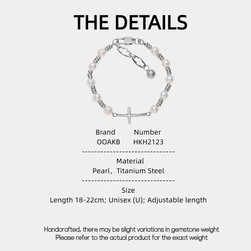 Adjustable Pearl and Titanium Steel Cross Bracelet — specification card with material and size details