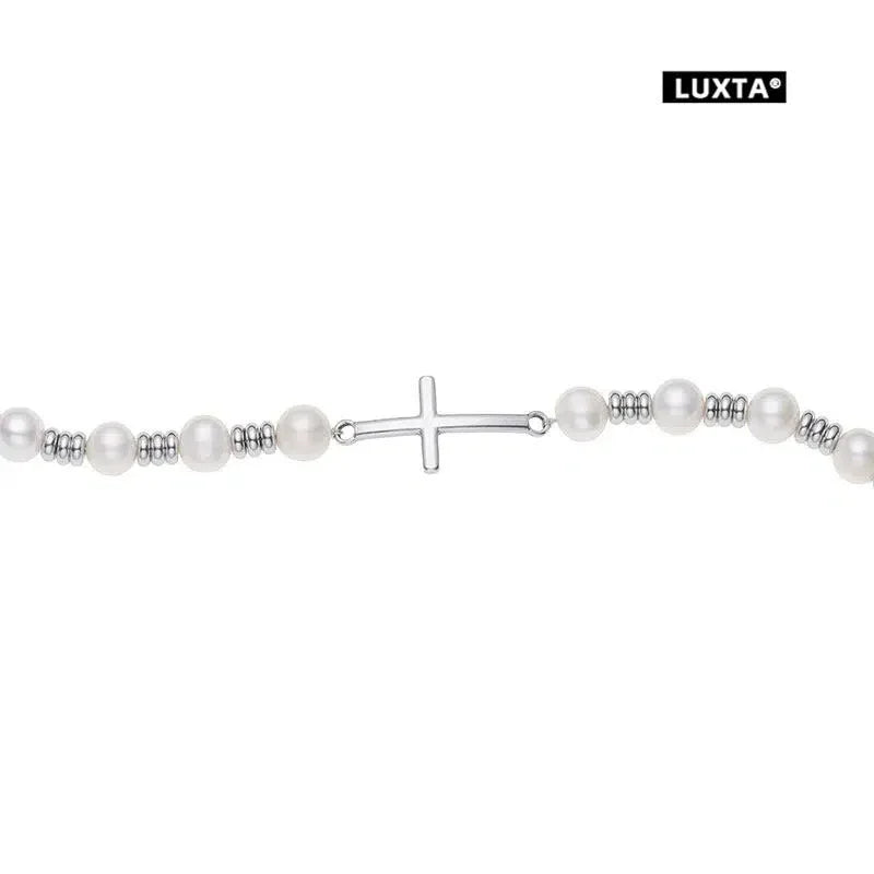 Adjustable Pearl and Titanium Steel Cross Bracelet — straightened close view of the cross and pearl spacing