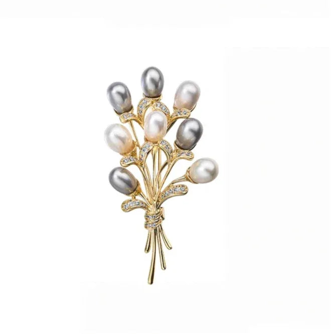Two-Tone Pearl Bouquet Brooch — alternate isolated front view on white