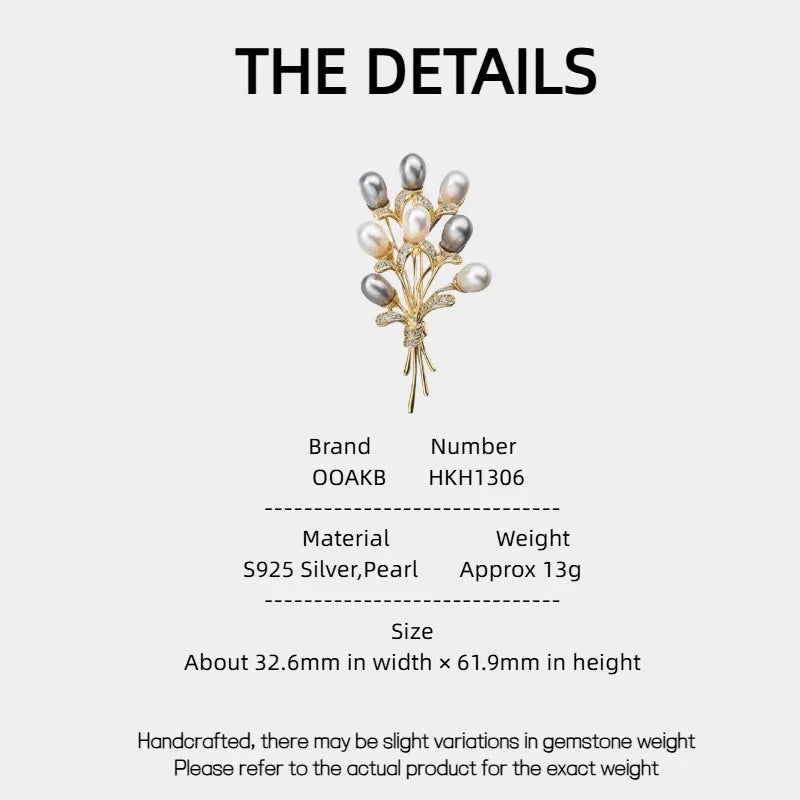 Two-Tone Pearl Bouquet Brooch — specification card with material and size details