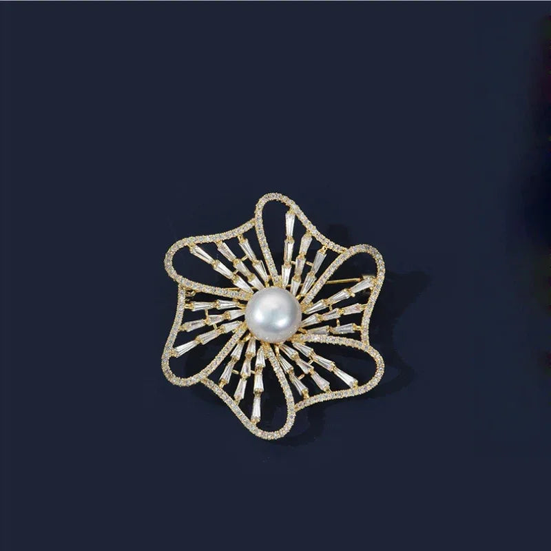Pearl Openwork Camellia Brooch — front product view on a dark background