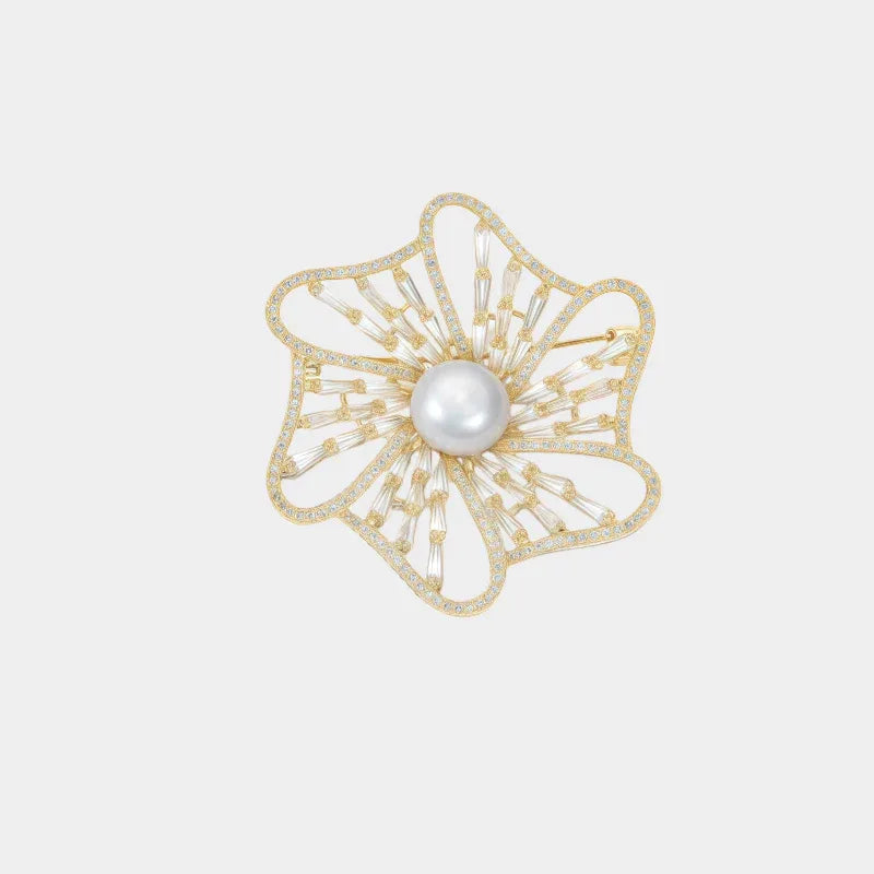 Pearl Openwork Camellia Brooch — front view of gold-tone openwork camellia brooch