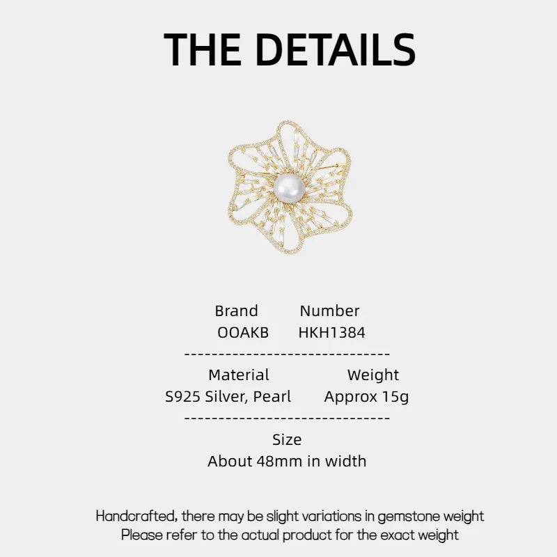 Pearl Openwork Camellia Brooch — specification card with material and size details