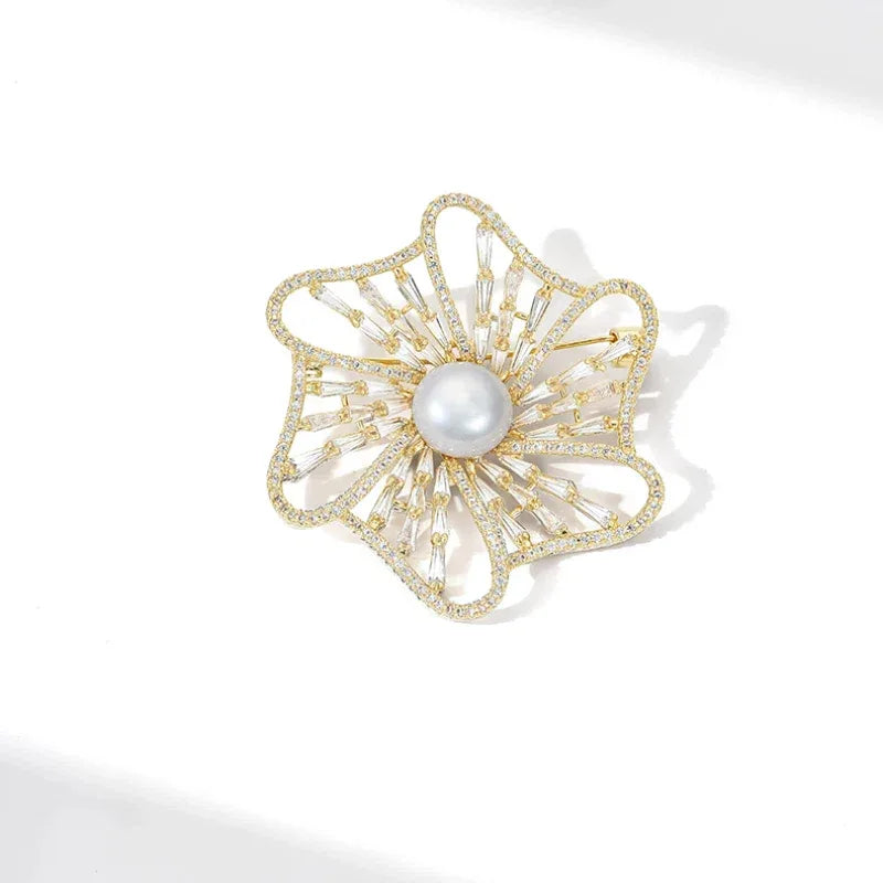 Pearl Openwork Camellia Brooch — angled product view on white