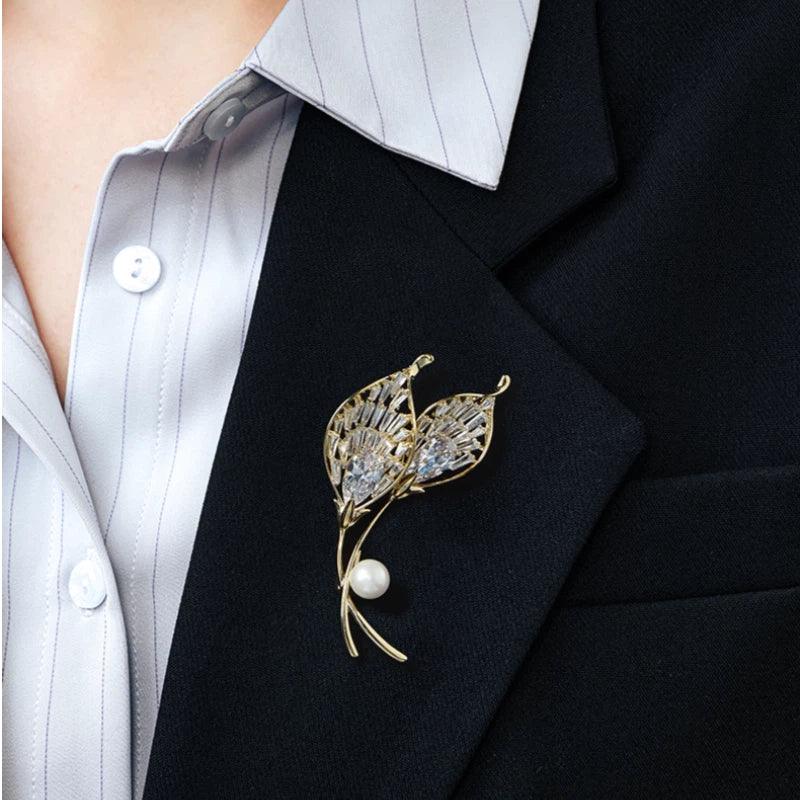 Pearl Calla Lily Brooch — alternate close blazer-worn view showing design and scale