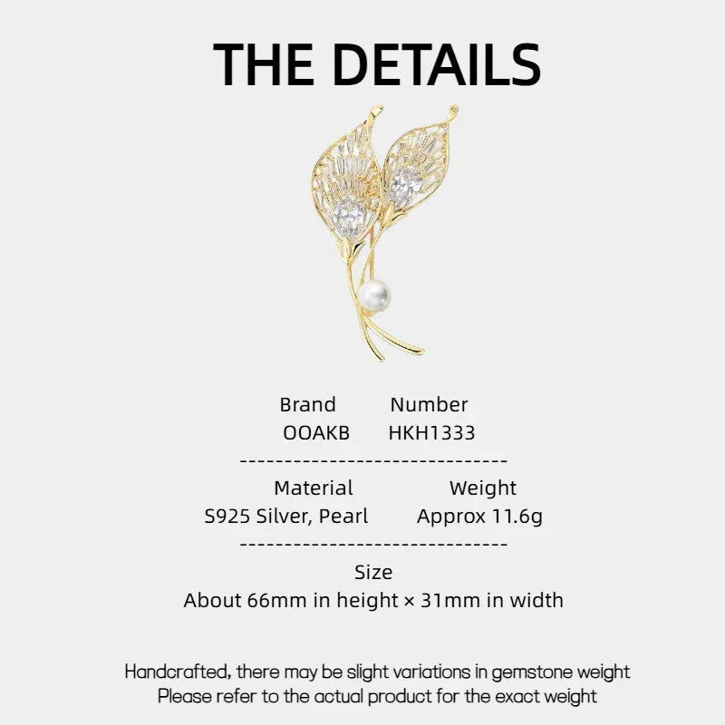 Pearl Calla Lily Brooch — specification card with material and size details
