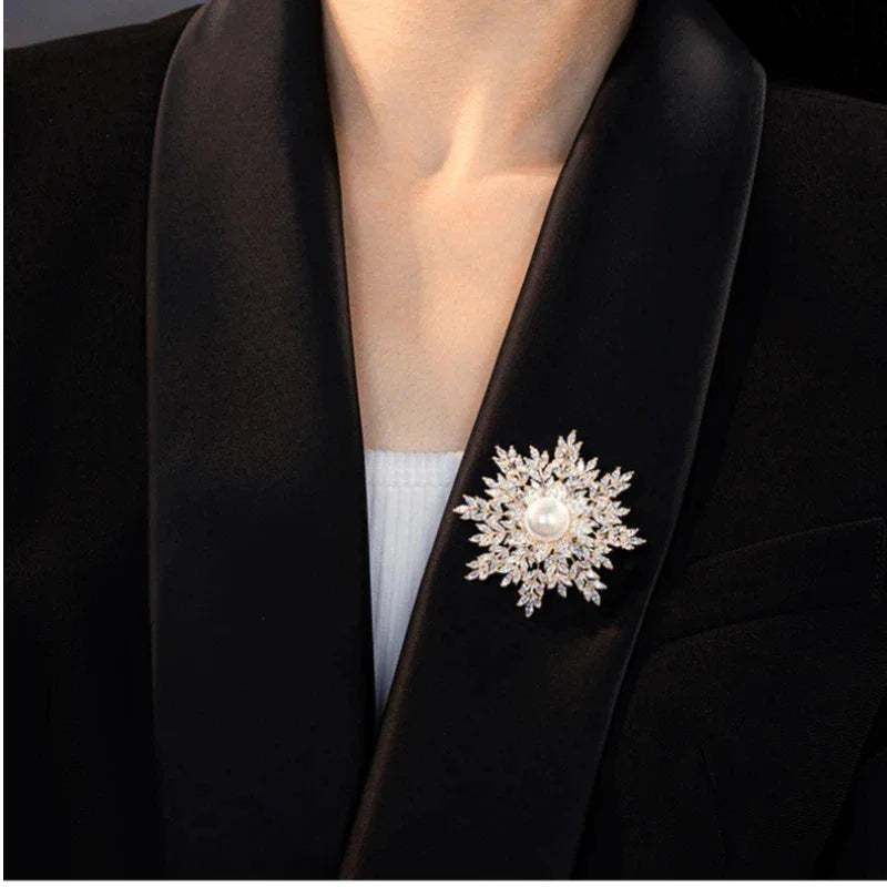 Pearl Snowflake Brooch — second close blazer-worn view showing scale