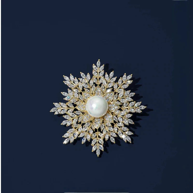 Pearl Snowflake Brooch — front product view on a dark background