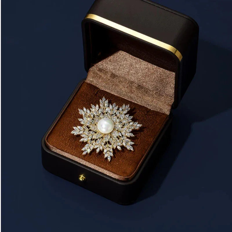 Pearl Snowflake Brooch — brooch displayed inside a jewelry gift box