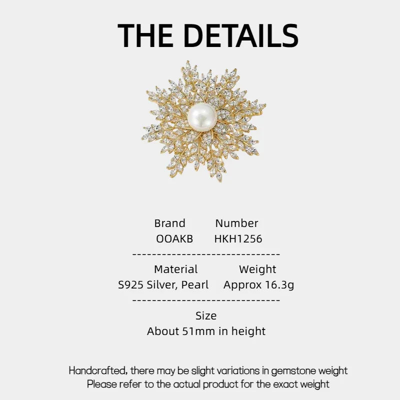 Pearl Snowflake Brooch — specification card with material and size details