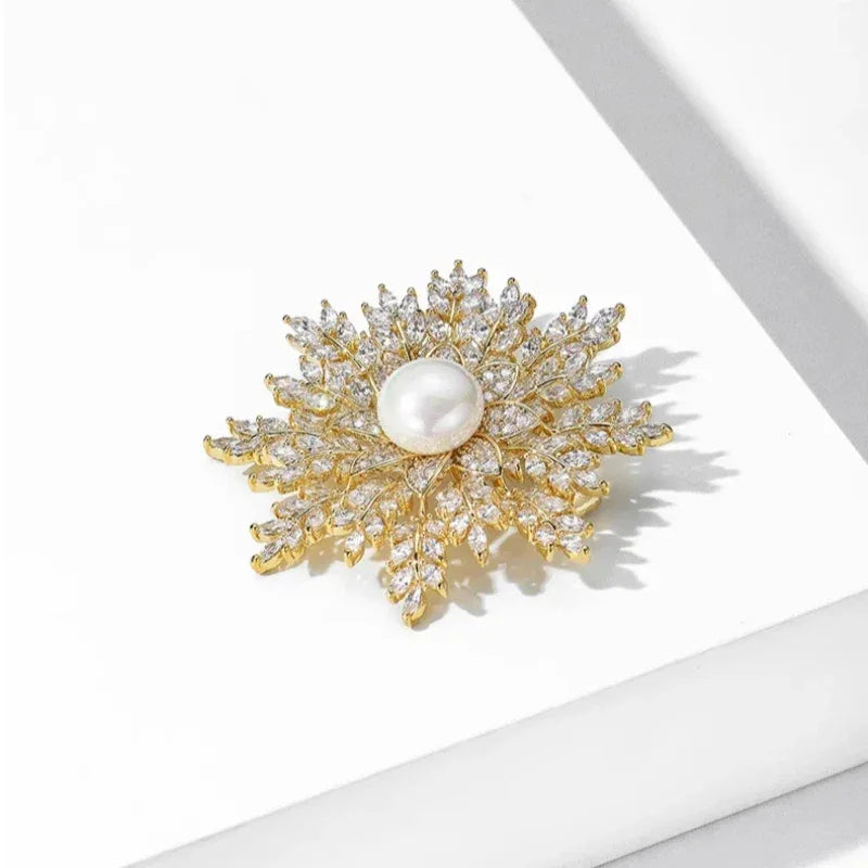 Pearl Snowflake Brooch — angled product view on white showing design and scale