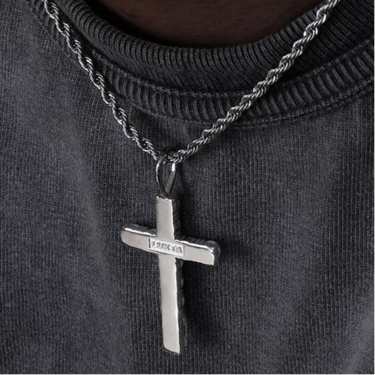 Pearl Cross Pendant Necklace — alternate worn view showing the smooth reverse side of the cross