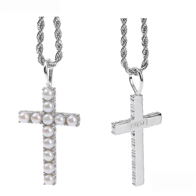 Pearl Cross Pendant Necklace — side-by-side front and back product view
