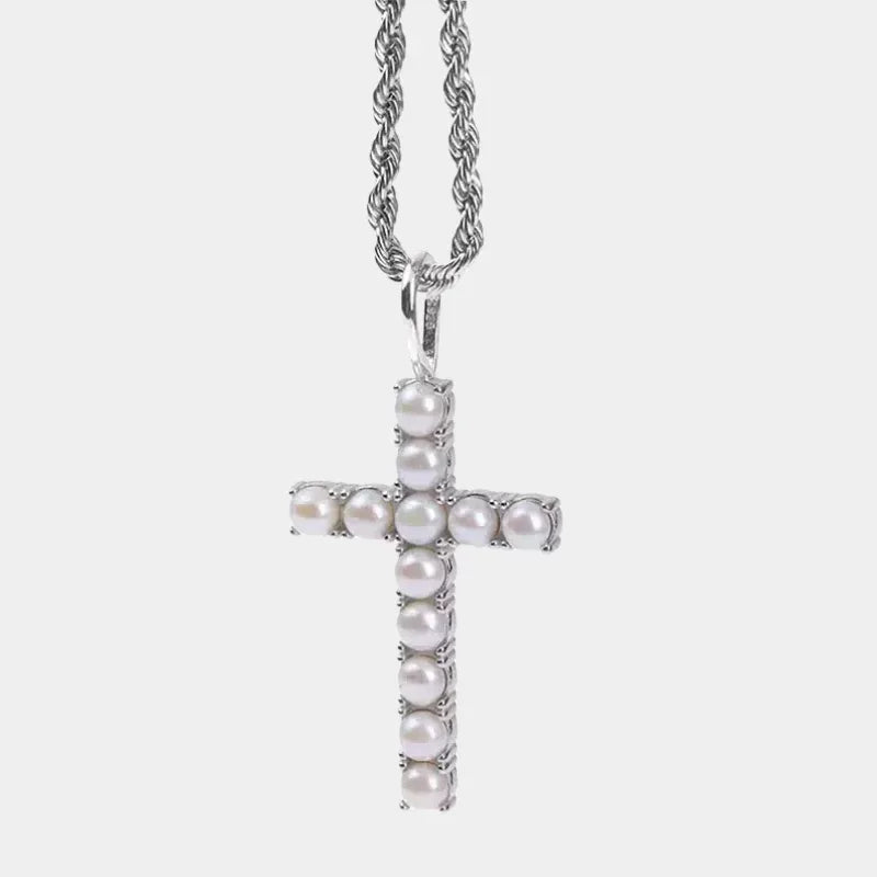 Pearl Cross Pendant Necklace — front view of pearl-set cross on a twisted silver-tone chain