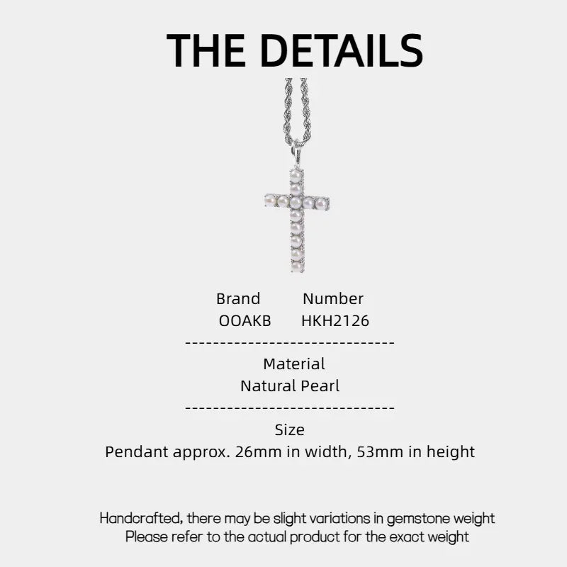 Pearl Cross Pendant Necklace — specification card with material and size details