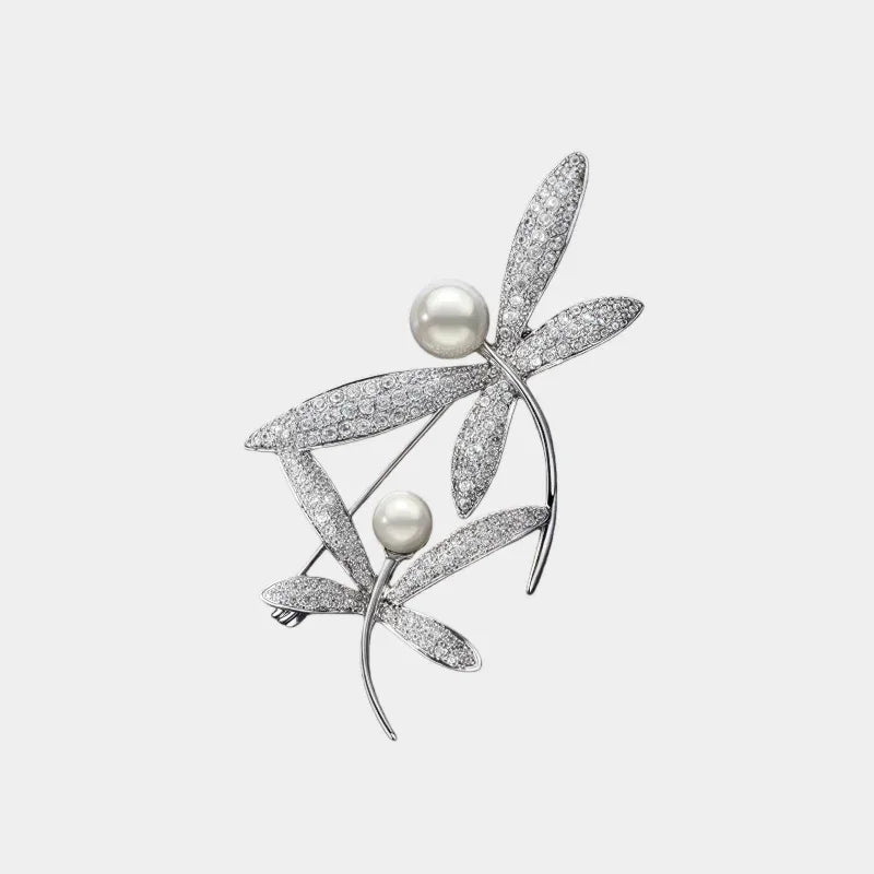 Pearl and Cubic Zirconia Dragonfly Brooch — front view of pearl dragonfly brooch