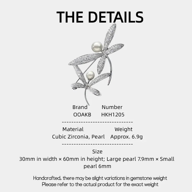 Pearl and Cubic Zirconia Dragonfly Brooch — specification card with material and size details
