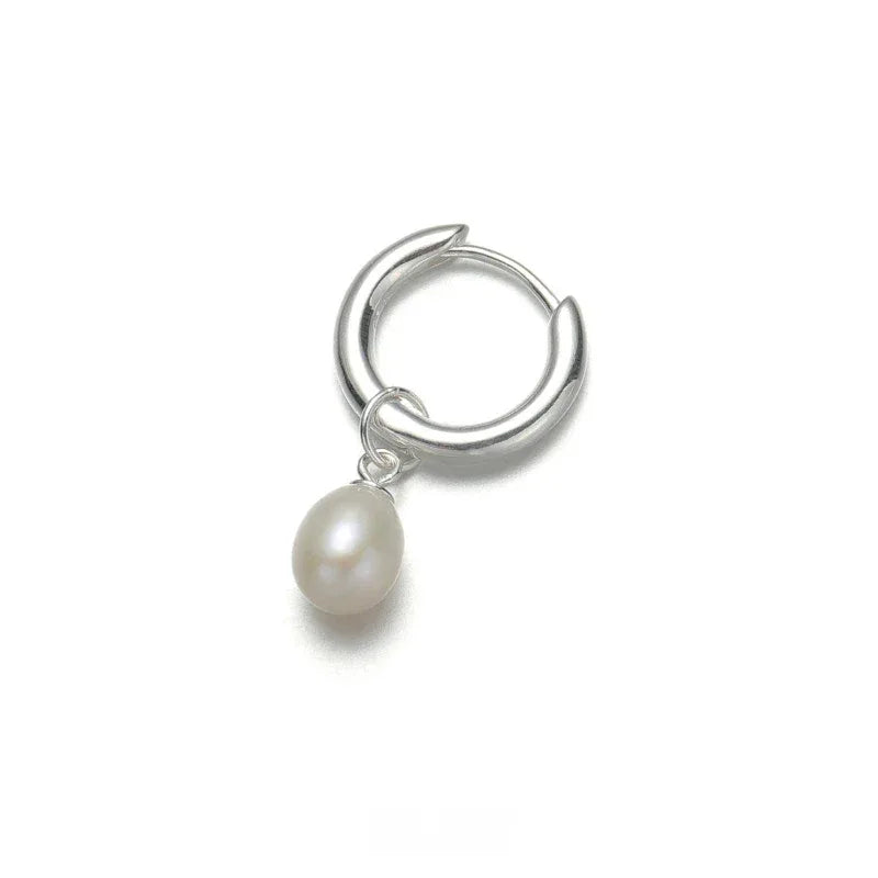 S925 Silver Pearl Drop Huggie Earrings — single side view of the hoop and pearl drop