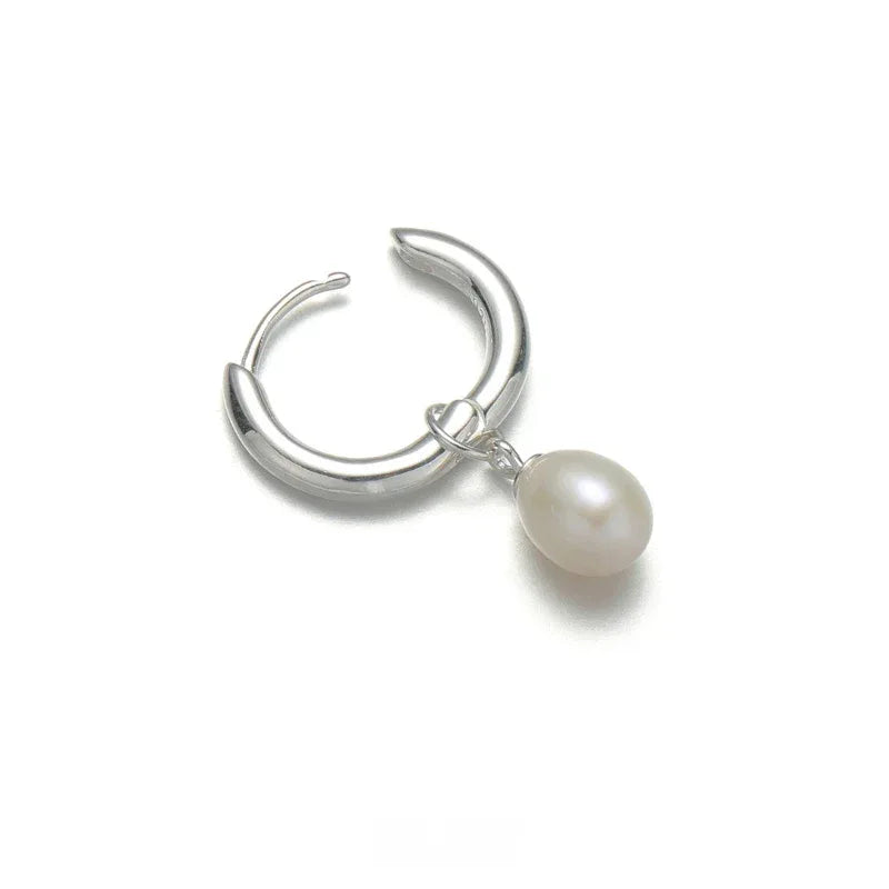 S925 Silver Pearl Drop Huggie Earrings — angled view of the hoop clasp