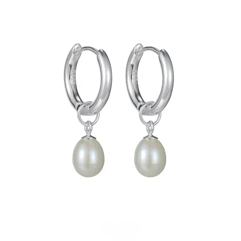 S925 Silver Pearl Drop Huggie Earrings — alternate isolated front pair