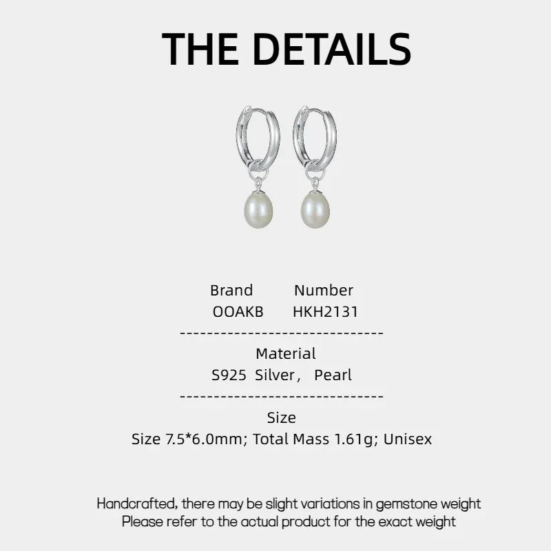 S925 Silver Pearl Drop Huggie Earrings — specification card with material and size details