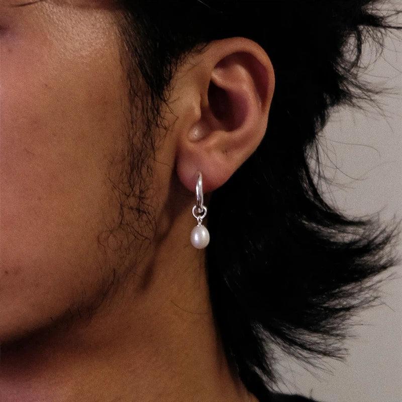 S925 Silver Pearl Drop Huggie Earrings — alternate left-ear worn side view