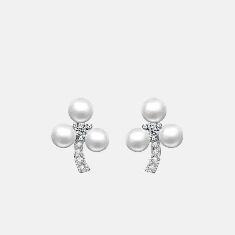 Three-Pearl Bow Stud Earrings in Platinum-Plated S925 Silver — front view of three-pearl bow studs