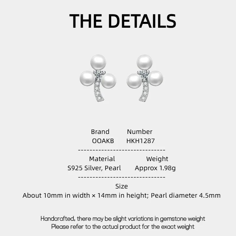 Three-Pearl Bow Stud Earrings in Platinum-Plated S925 Silver — specification card with material and size details