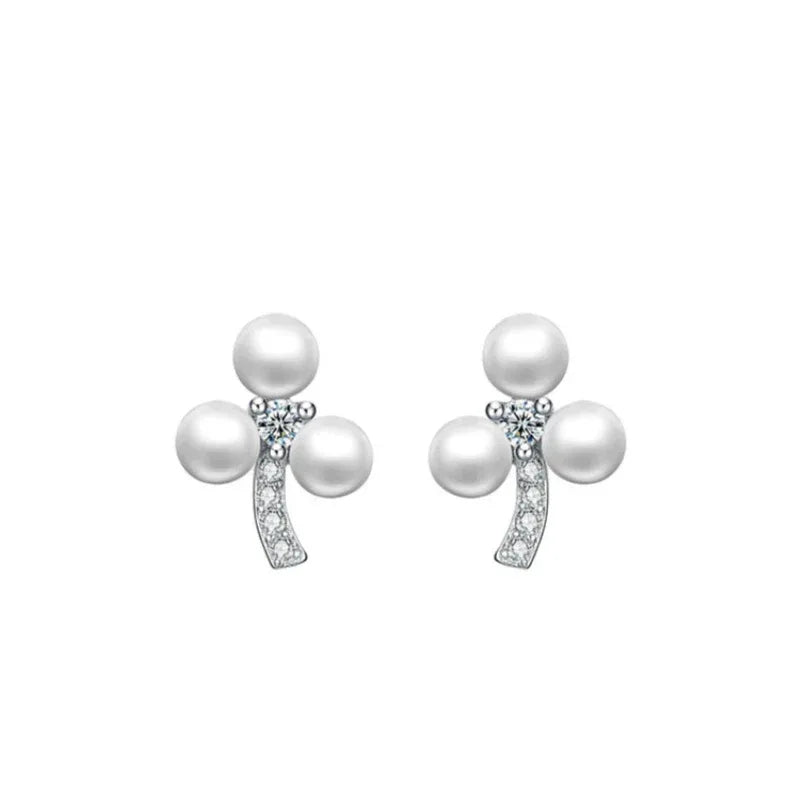 Three-Pearl Bow Stud Earrings in Platinum-Plated S925 Silver — isolated alternate front view