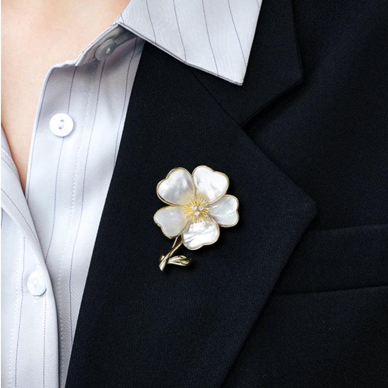 Mother-of-Pearl Five-Petal Flower Brooch — second close blazer-worn view from a slightly different angle