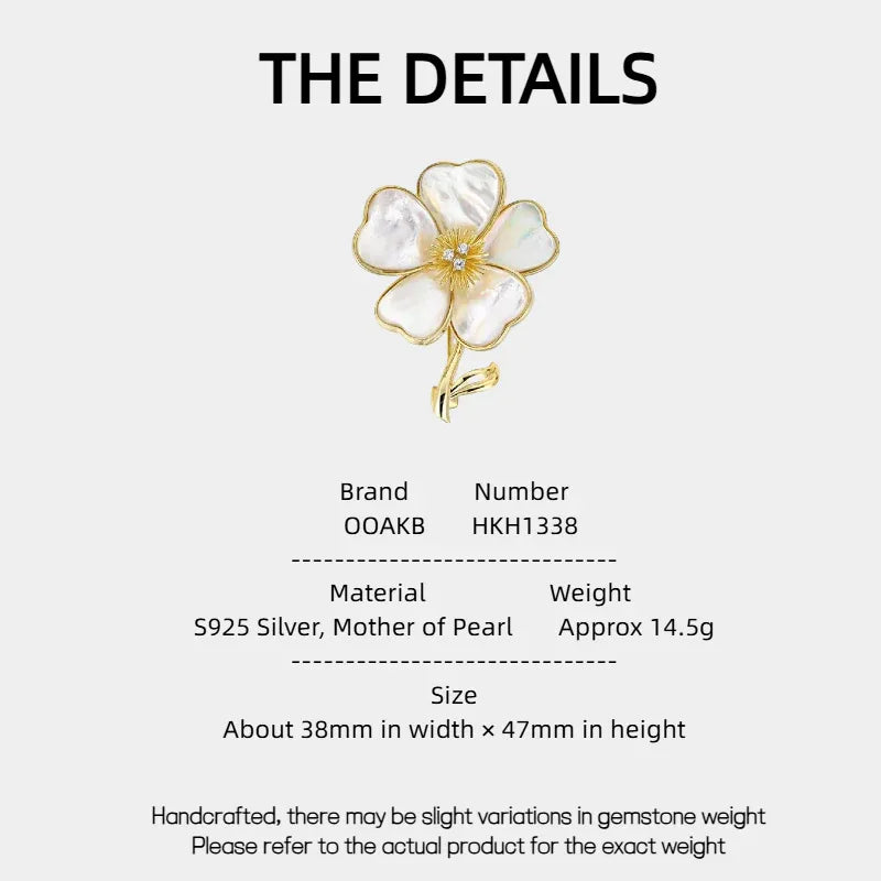 Mother-of-Pearl Five-Petal Flower Brooch — specification card with material and size details