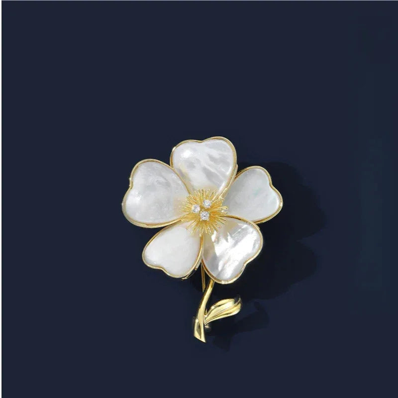 Mother-of-Pearl Five-Petal Flower Brooch — front product view on a dark background
