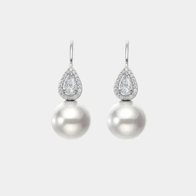 Pearl Teardrop Halo Earrings — front view of teardrop halo pearl earrings