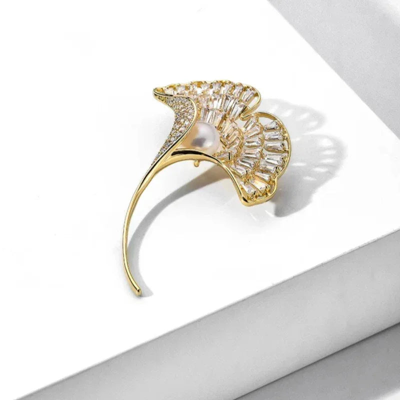 Pearl Ginkgo Leaf Brooch — angled product view on white showing the long stem
