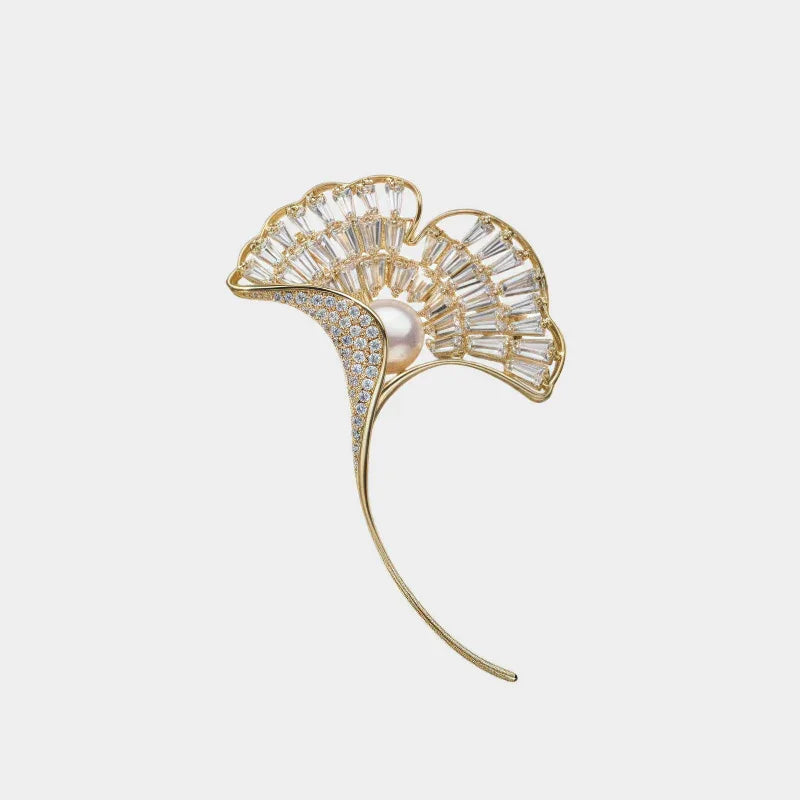 Pearl Ginkgo Leaf Brooch — front view of gold-tone ginkgo leaf brooch