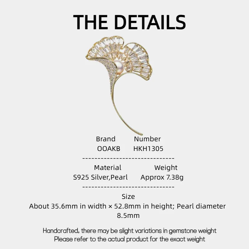 Pearl Ginkgo Leaf Brooch — specification card with material and size details