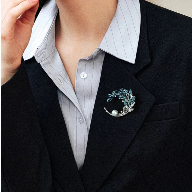 Gradient Blue Wheat Wreath Pearl Brooch — second close blazer-worn view from another angle