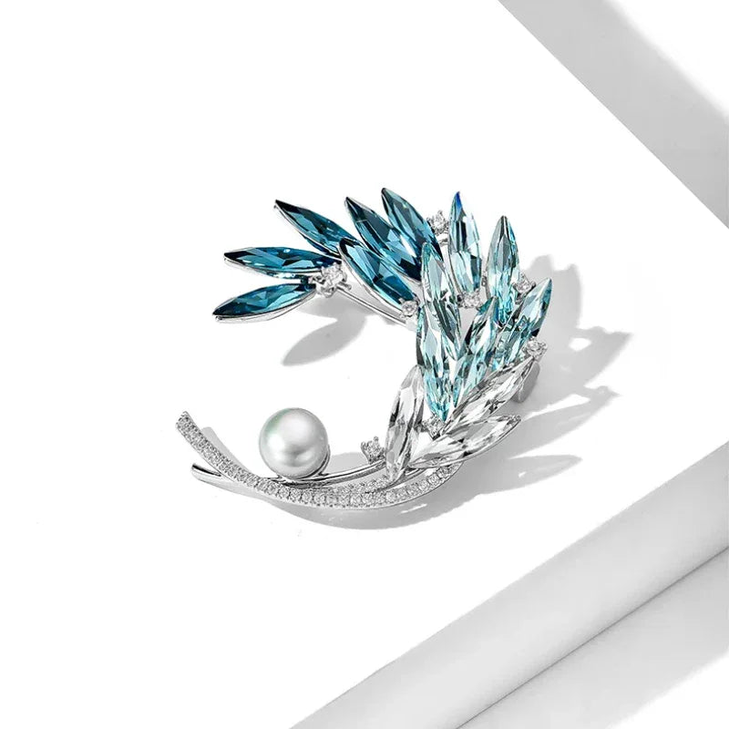 Gradient Blue Wheat Wreath Pearl Brooch — alternate angled close-up showing the blue leaf gradient