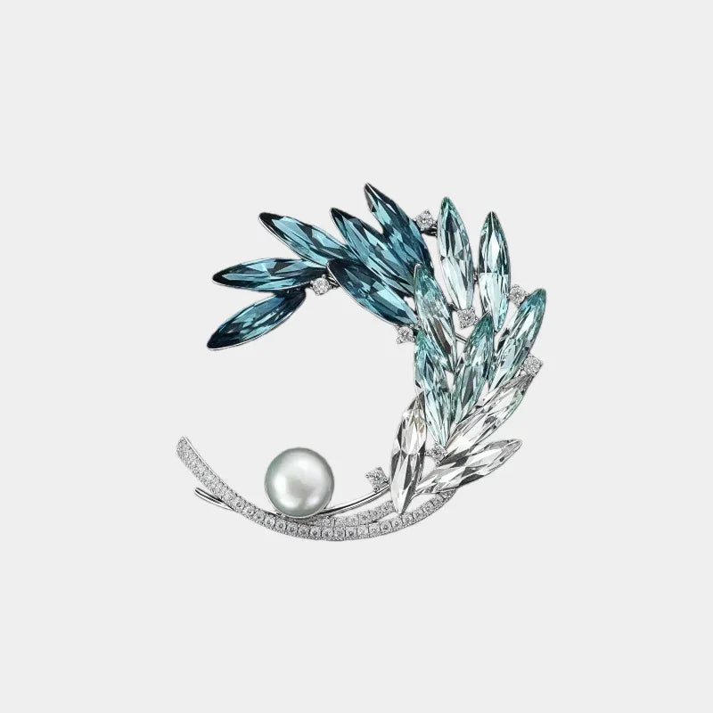 Gradient Blue Wheat Wreath Pearl Brooch — front view of crescent-shaped blue wheat brooch