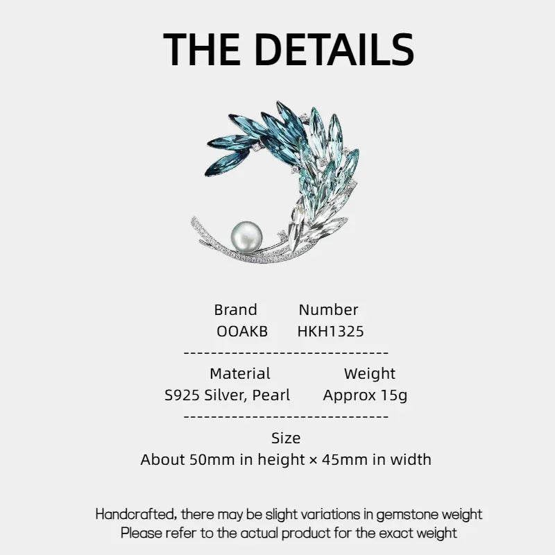Gradient Blue Wheat Wreath Pearl Brooch — specification card with material and size details
