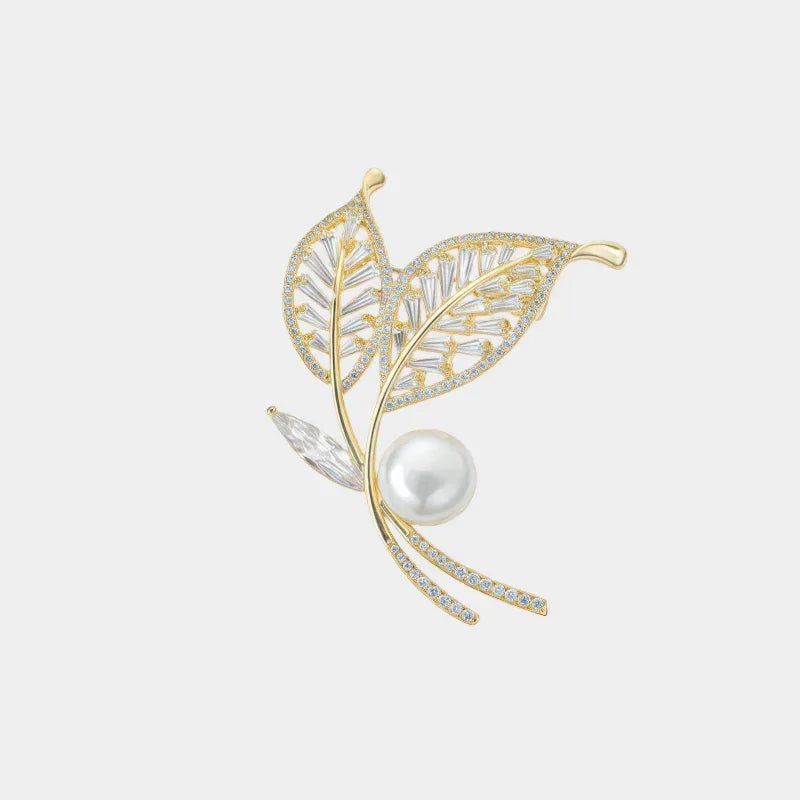 Pearl Double-Leaf Brooch — front view of gold-tone double-leaf brooch