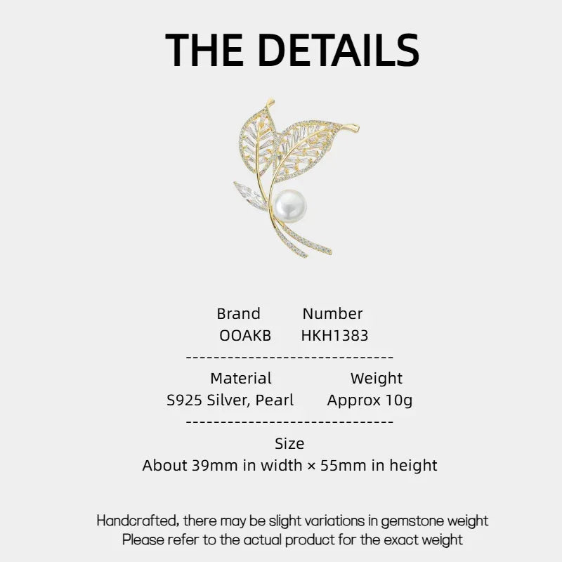 Pearl Double-Leaf Brooch — specification card with material and size details