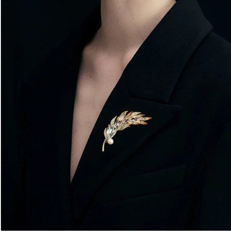 Pearl Gradient Wheat Sprig Brooch — alternate black-blazer worn view showing scale