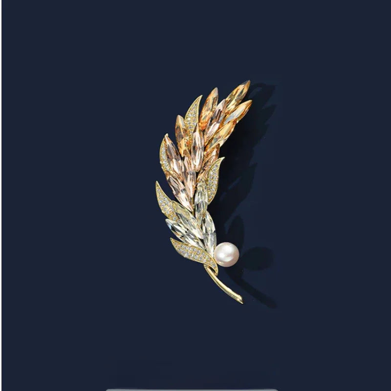 Pearl Gradient Wheat Sprig Brooch — front product view on a dark background