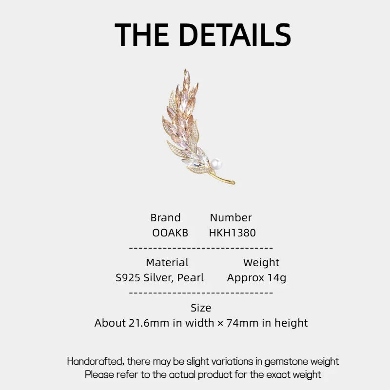 Pearl Gradient Wheat Sprig Brooch — specification card with material and size details