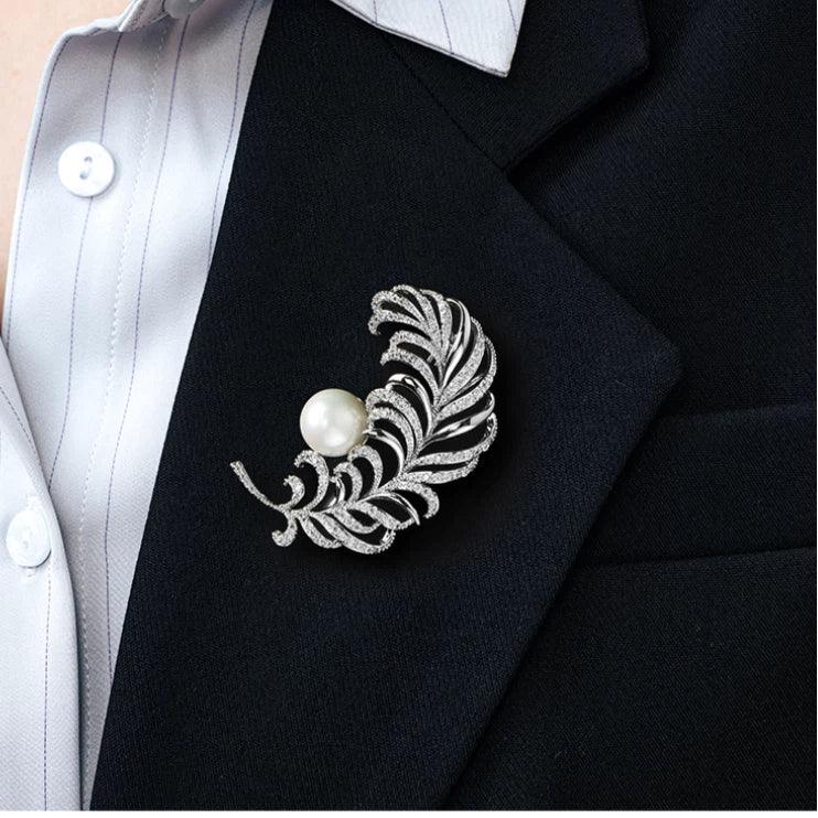 Pearl Feather Brooch — close blazer-worn view showing scale showing design and scale