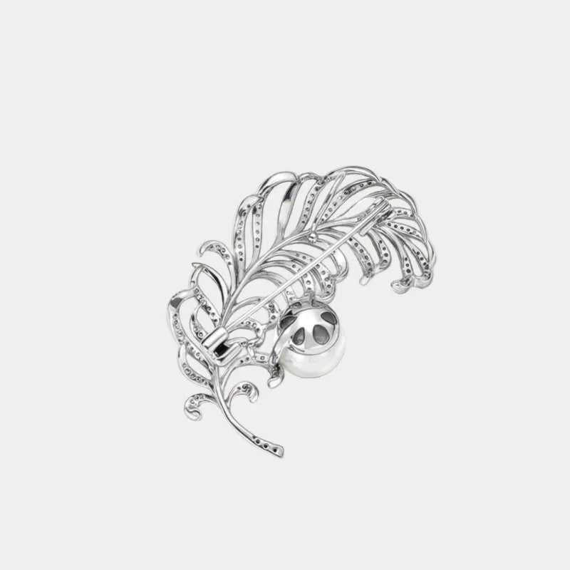 Pearl Feather Brooch — front view of curved feather brooch showing design and scale