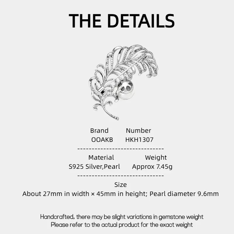 Pearl Feather Brooch — specification card with material and size details