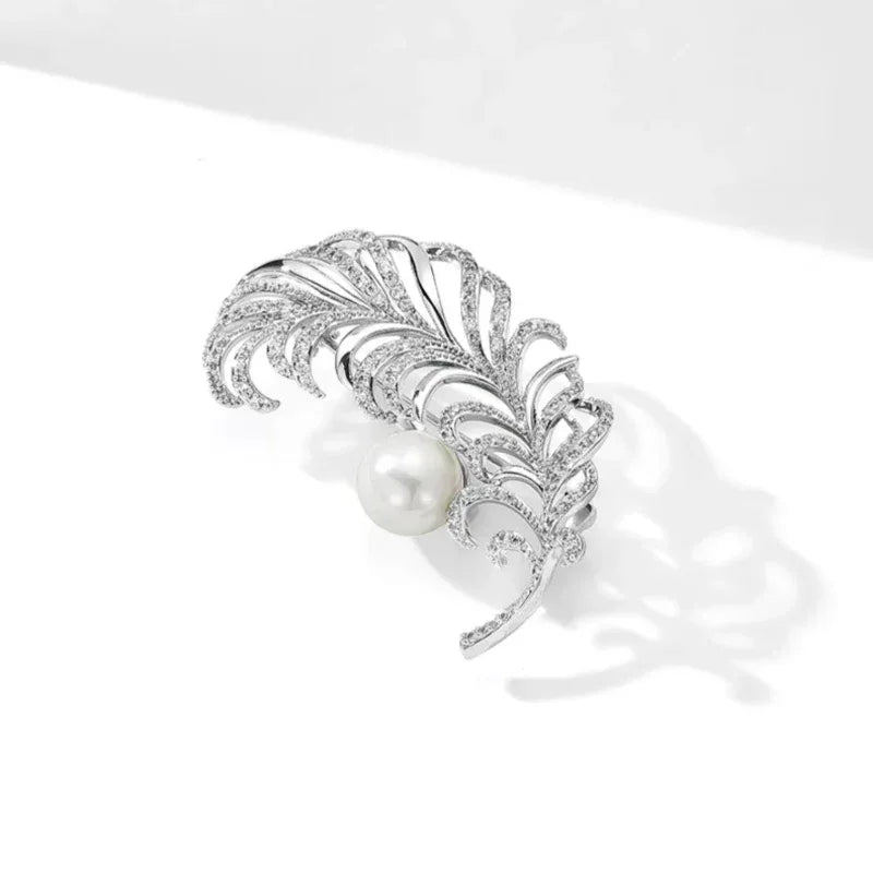 Pearl Feather Brooch — angled product view on white showing design and scale